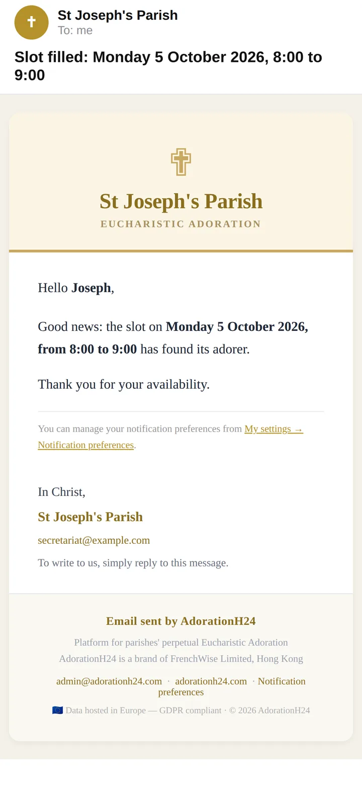 “Slot filled” e-mail sent to the other substitutes