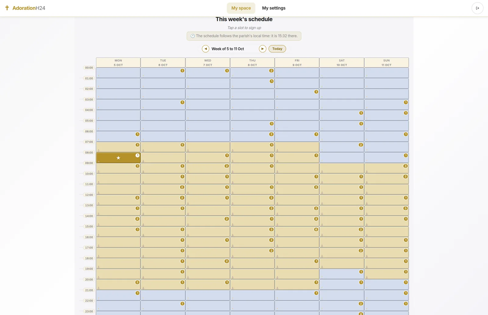 Weekly schedule: seven days, two places in color, number of adorers per hour