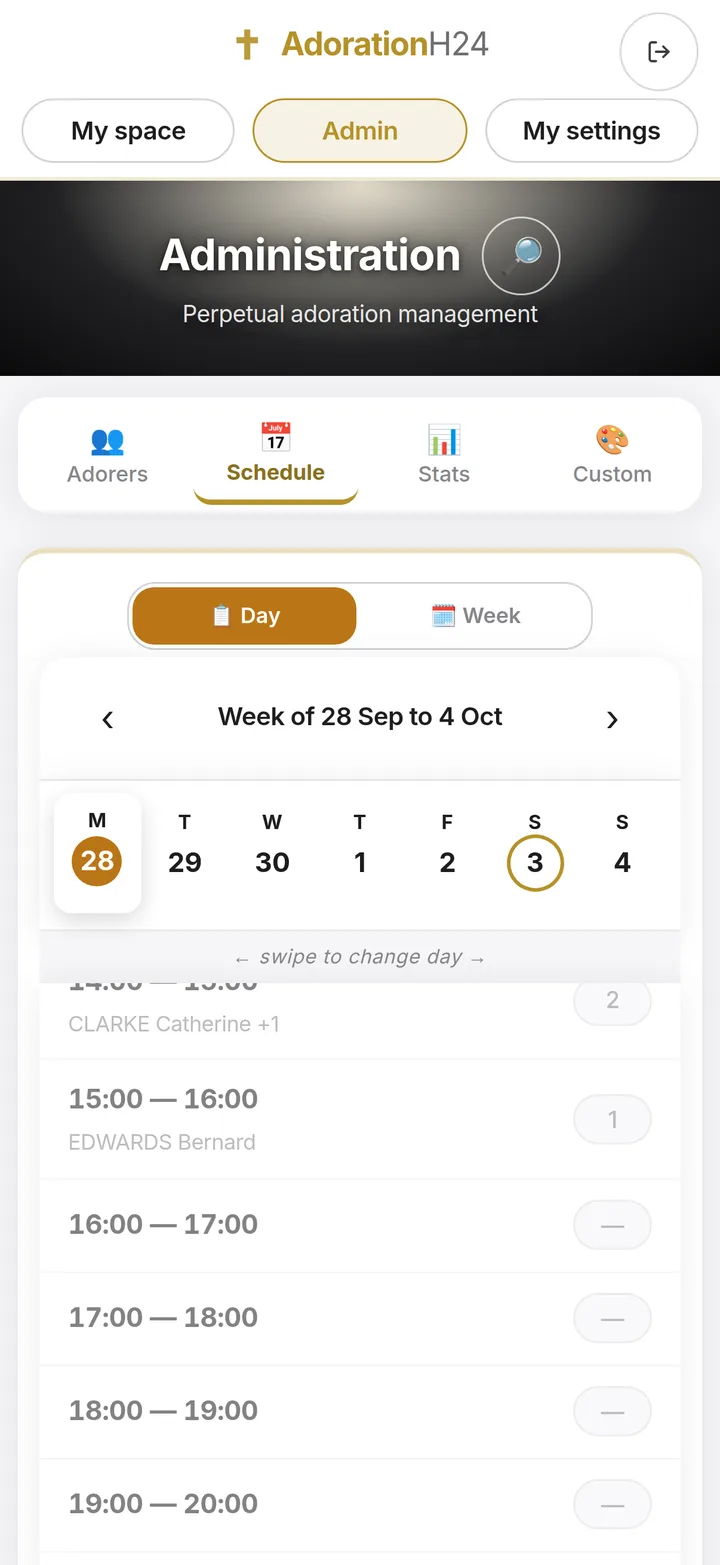 The coordinator’s schedule on a phone: adorers’ names hour by hour