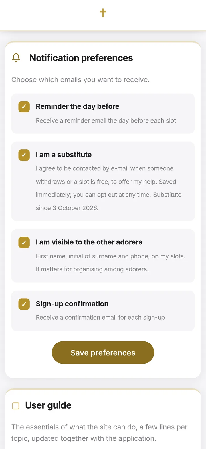 Preferences on a phone: reminder the day before, substitute, visible to others, confirmation