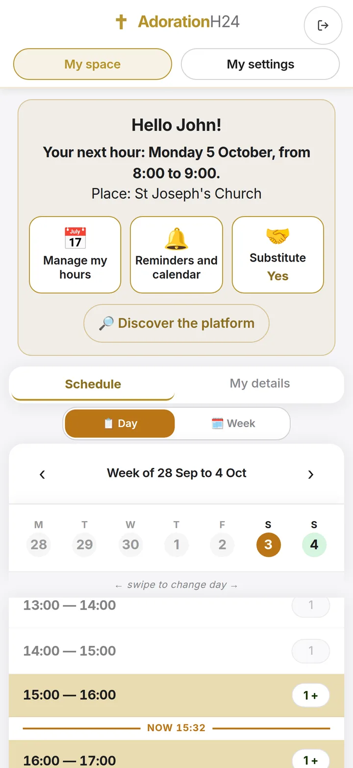 My space on a phone: “Your next hour” and three big buttons