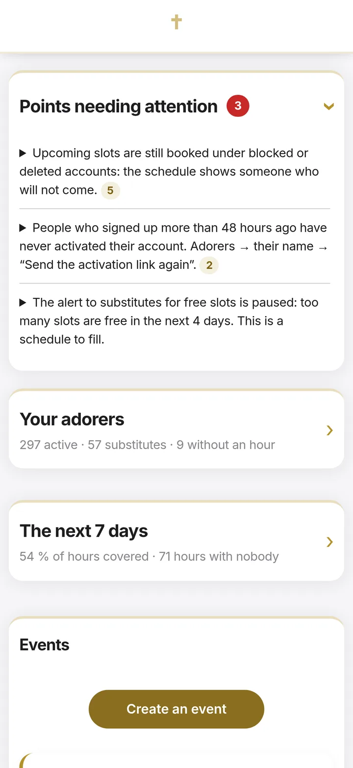 Points needing attention and the coordinator’s dashboard on a phone