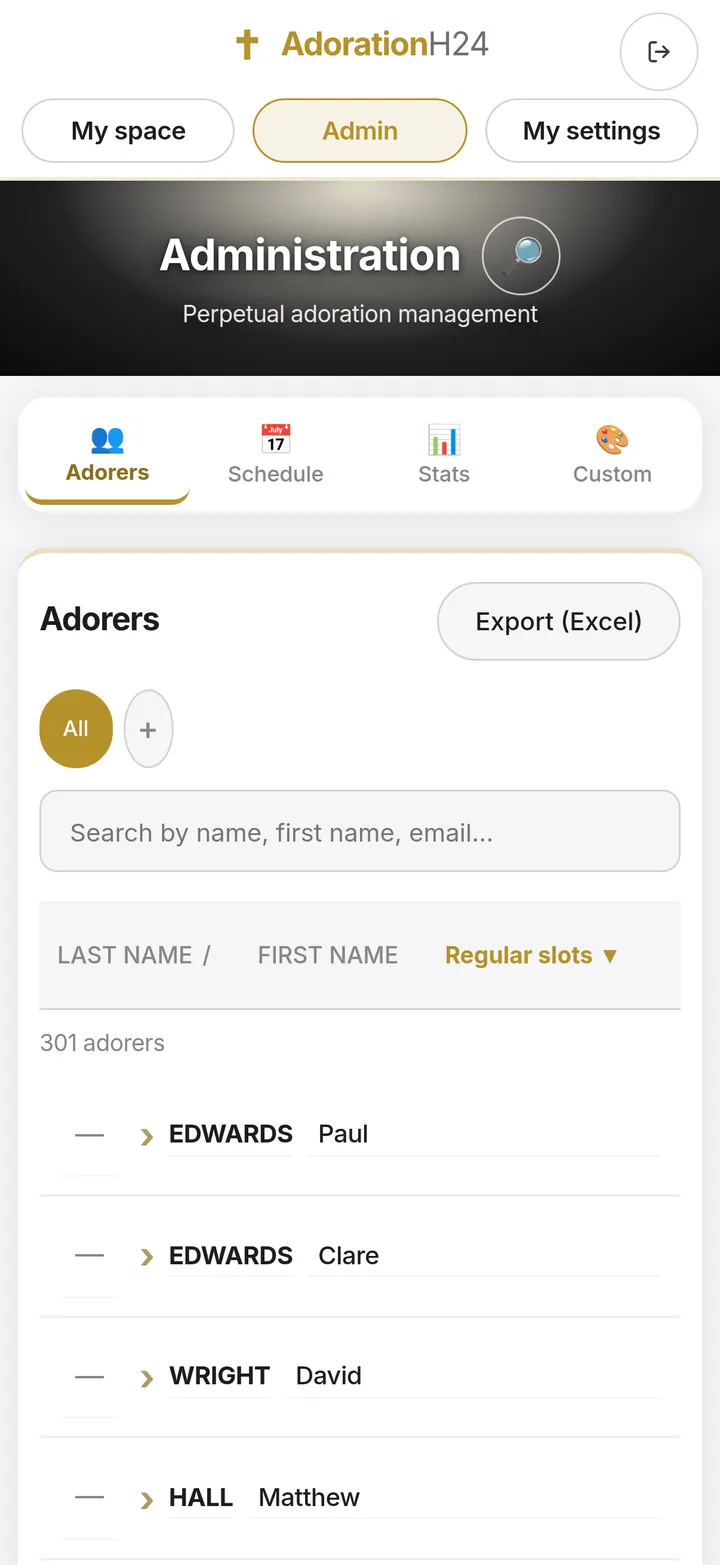 List of adorers on a phone: search, group filters, Excel export