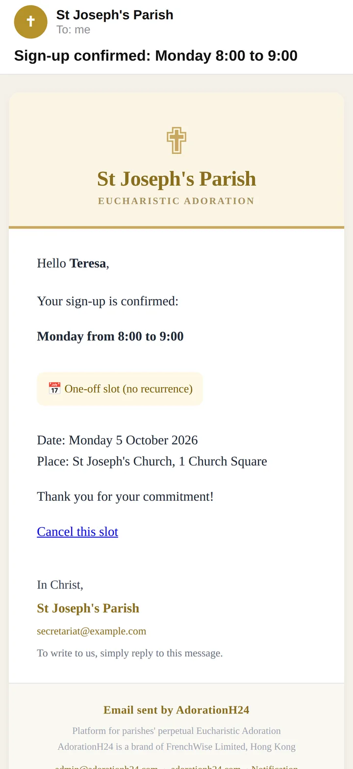 “Booking confirmed” e-mail: date, place and a link to cancel