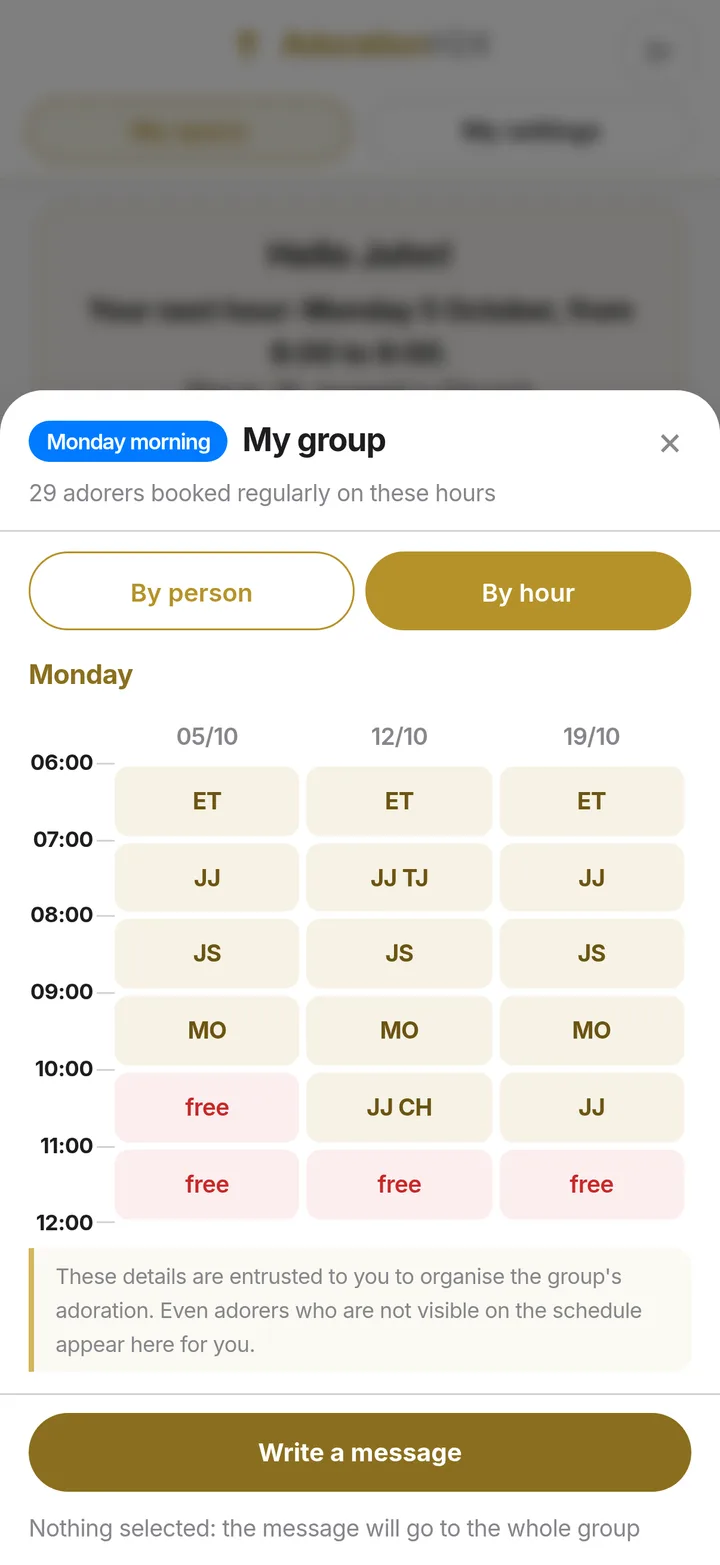 My group, “By hour” view: adorers’ initials and free hours in red