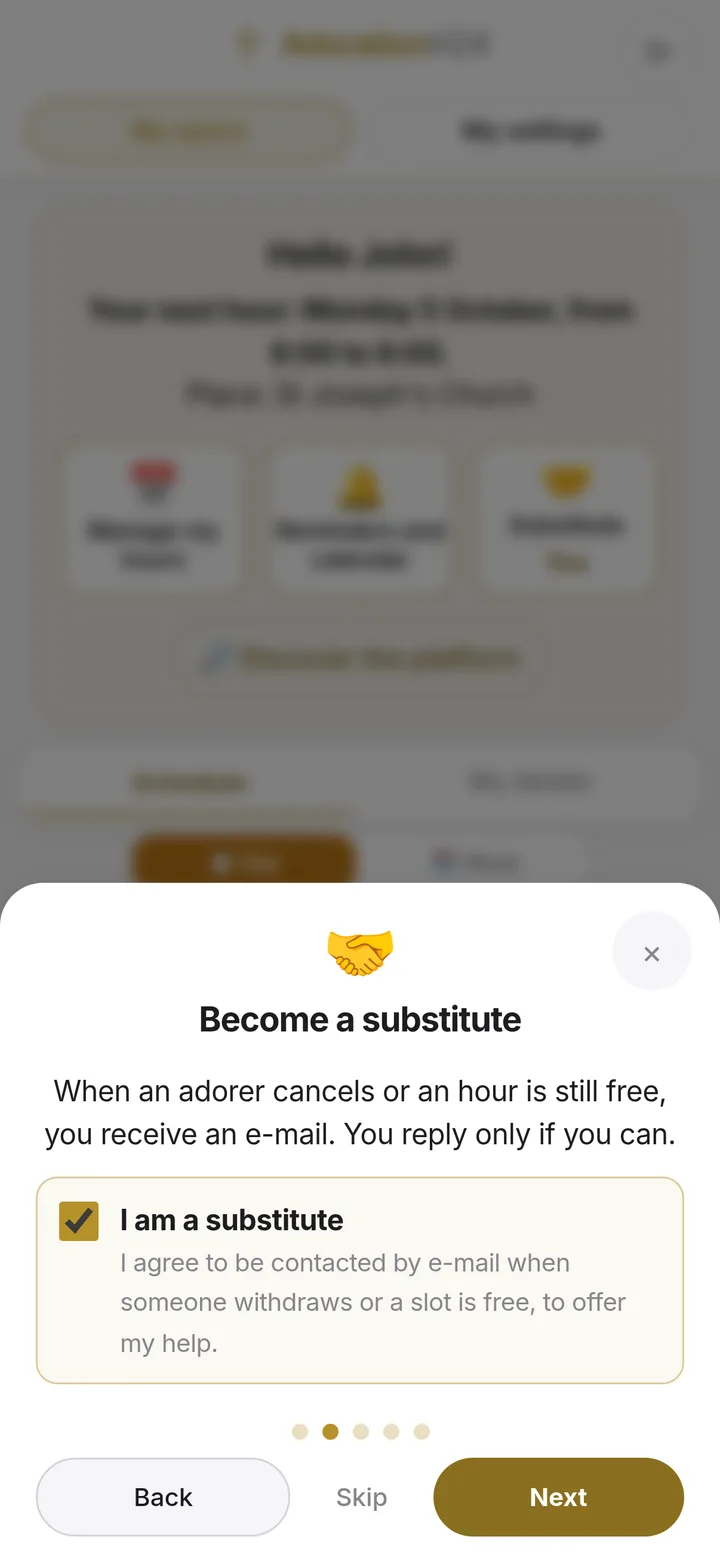 “Discover the platform” tour: the “Become a substitute” window and its box
